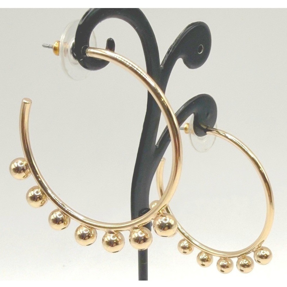 Gold Tone Hoop Earrings With Tiny Gold‎ Balls 1.5" Lightweight Boho Minimal